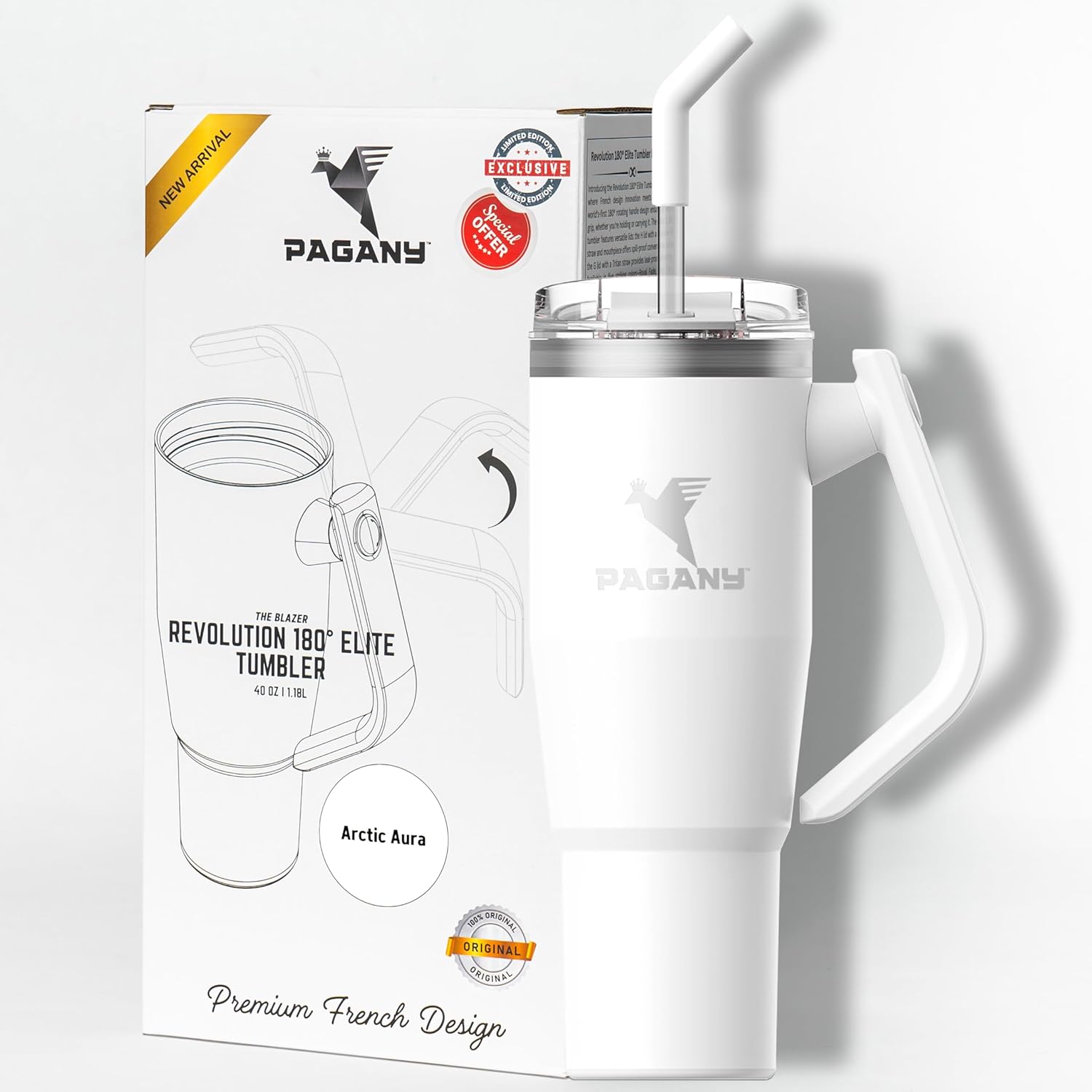 PAGANY 40 oz Tumbler with Handle and Straw | Built-In Straw & Handle | Vacuum Insulated Water Bottle for Home, Office or Car | BPA-Free | Trek Collection | Gifts for Men Women Him Her | Arctic Aura